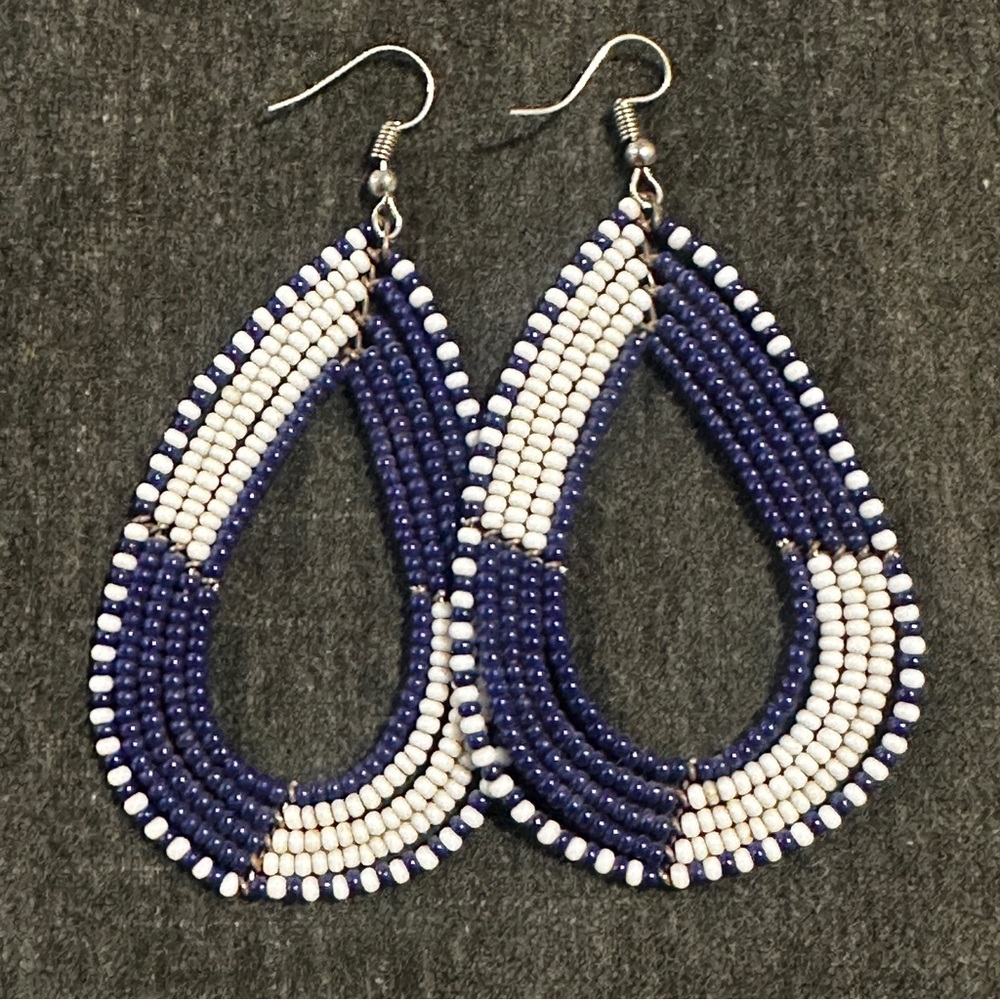 NEW African Handmade Beaded Earrings Blue and White
